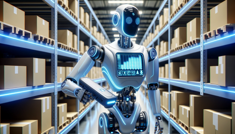 A futuristic AI robot scanning a warehouse full of boxes to monitor inventory levels