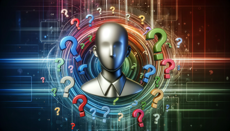 A digital avatar representing ChatGPT surrounded by a flurry of question marks in various colors.