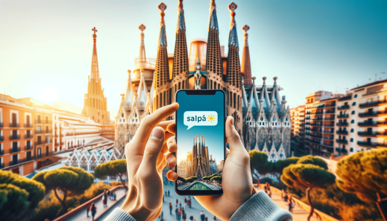 A traveler using ChatGPT on a smartphone with Spanish landmarks in the background, depicting the fusion of travel and technology in language learning.